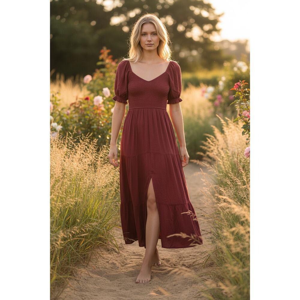 Abercrombie & Fitch Burgundy Red Smocked Puff Sleeve Slit Maxi Dress Size XS - Picture 2 of 12